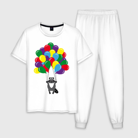 Мужская пижама хлопок с принтом Енот с шариками в Кировске, 100% хлопок | брюки и футболка прямого кроя, без карманов, на брюках мягкая резинка на поясе и по низу штанин
 | воздушные шарики | енот | мультяшный | разноцветный