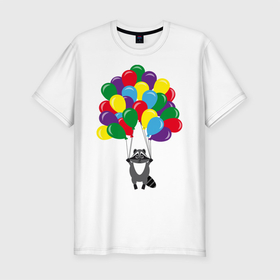 Мужская футболка хлопок Slim с принтом Енот с шариками в Новосибирске, 92% хлопок, 8% лайкра | приталенный силуэт, круглый вырез ворота, длина до линии бедра, короткий рукав | воздушные шарики | енот | мультяшный | разноцветный