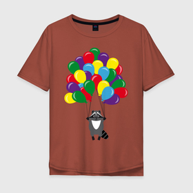 Мужская футболка хлопок Oversize с принтом Енот с шариками в Новосибирске, 100% хлопок | свободный крой, круглый ворот, “спинка” длиннее передней части | Тематика изображения на принте: воздушные шарики | енот | мультяшный | разноцветный