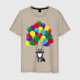 Мужская футболка хлопок с принтом Енот с шариками в Санкт-Петербурге, 100% хлопок | прямой крой, круглый вырез горловины, длина до линии бедер, слегка спущенное плечо. | Тематика изображения на принте: воздушные шарики | енот | мультяшный | разноцветный