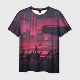Мужская футболка 3D с принтом Город Будущего в Екатеринбурге, 100% полиэфир | прямой крой, круглый вырез горловины, длина до линии бедер | Тематика изображения на принте: город | город будущего | неон | рисунок