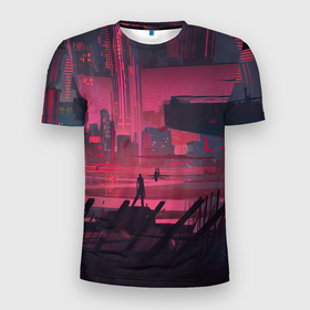 Мужская футболка 3D Slim с принтом Город Будущего , 100% полиэстер с улучшенными характеристиками | приталенный силуэт, круглая горловина, широкие плечи, сужается к линии бедра | Тематика изображения на принте: город | город будущего | неон | рисунок