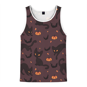 Мужская майка 3D с принтом Хэллоуиновский кот в Кировске, 100% полиэстер | круглая горловина, приталенный силуэт, длина до линии бедра. Пройма и горловина окантованы тонкой бейкой | арт | конфеты | кот | котёнок | кошка | оранжевый | рисунок | тёмный | тыква | тыквы | фиолетовый | хеллоуин | хэллоуин | чёрный