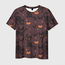 Мужская футболка 3D с принтом Хэллоуиновский кот , 100% полиэфир | прямой крой, круглый вырез горловины, длина до линии бедер | Тематика изображения на принте: арт | конфеты | кот | котёнок | кошка | оранжевый | рисунок | тёмный | тыква | тыквы | фиолетовый | хеллоуин | хэллоуин | чёрный