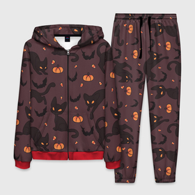 Мужской костюм 3D с принтом Хэллоуиновский кот в Тюмени, 100% полиэстер | Манжеты и пояс оформлены тканевой резинкой, двухслойный капюшон со шнурком для регулировки, карманы спереди | арт | конфеты | кот | котёнок | кошка | оранжевый | рисунок | тёмный | тыква | тыквы | фиолетовый | хеллоуин | хэллоуин | чёрный