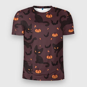 Мужская футболка 3D Slim с принтом Хэллоуиновский кот в Кировске, 100% полиэстер с улучшенными характеристиками | приталенный силуэт, круглая горловина, широкие плечи, сужается к линии бедра | арт | конфеты | кот | котёнок | кошка | оранжевый | рисунок | тёмный | тыква | тыквы | фиолетовый | хеллоуин | хэллоуин | чёрный