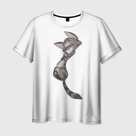 Мужская футболка 3D с принтом Милый котя в Екатеринбурге, 100% полиэфир | прямой крой, круглый вырез горловины, длина до линии бедер | Тематика изображения на принте: арт | белый | карандаш | кот | кот нежиться | кот спит | мел | мило | милота | риснок | рисунок углём | серый | серый кот | спит | уголь