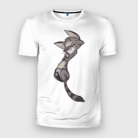 Мужская футболка 3D Slim с принтом Милый котя в Екатеринбурге, 100% полиэстер с улучшенными характеристиками | приталенный силуэт, круглая горловина, широкие плечи, сужается к линии бедра | арт | белый | карандаш | кот | кот нежиться | кот спит | мел | мило | милота | риснок | рисунок углём | серый | серый кот | спит | уголь
