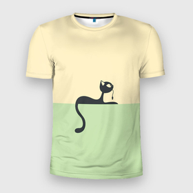 Мужская футболка 3D Slim с принтом Чёрный кот на ярком фоне в Кировске, 100% полиэстер с улучшенными характеристиками | приталенный силуэт, круглая горловина, широкие плечи, сужается к линии бедра | арт | вектор | горизонтальный рисунок | горизонтальный узор | жёлтый | зеленый | кот | котёнок | кошка | рисунок | чёрная кошка | чёрный | чёрный кот | чёрный котёнок