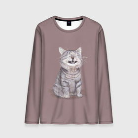 Мужской лонгслив 3D с принтом Котёнок ыыы в Екатеринбурге, 100% полиэстер | длинные рукава, круглый вырез горловины, полуприлегающий силуэт | арт | кот | котёнок | кошка | мем | мемный кот | мемный котенок | мэм | мэмный котёнок | рисунок | серый | серый кот | тёмный | фиолетовый