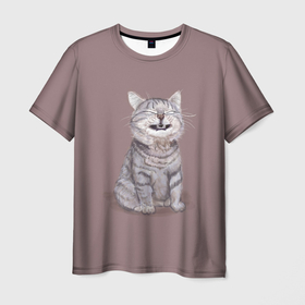 Мужская футболка 3D с принтом Котёнок ыыы в Екатеринбурге, 100% полиэфир | прямой крой, круглый вырез горловины, длина до линии бедер | арт | кот | котёнок | кошка | мем | мемный кот | мемный котенок | мэм | мэмный котёнок | рисунок | серый | серый кот | тёмный | фиолетовый