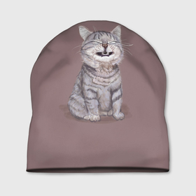 Шапка 3D с принтом Котёнок ыыы в Екатеринбурге, 100% полиэстер | универсальный размер, печать по всей поверхности изделия | арт | кот | котёнок | кошка | мем | мемный кот | мемный котенок | мэм | мэмный котёнок | рисунок | серый | серый кот | тёмный | фиолетовый