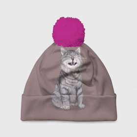 Шапка 3D c помпоном с принтом Котёнок ыыы в Курске, 100% полиэстер | универсальный размер, печать по всей поверхности изделия | арт | кот | котёнок | кошка | мем | мемный кот | мемный котенок | мэм | мэмный котёнок | рисунок | серый | серый кот | тёмный | фиолетовый