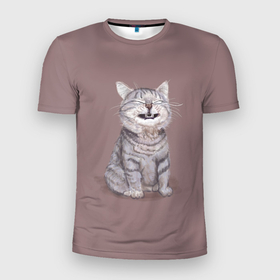 Мужская футболка 3D Slim с принтом Котёнок ыыы в Санкт-Петербурге, 100% полиэстер с улучшенными характеристиками | приталенный силуэт, круглая горловина, широкие плечи, сужается к линии бедра | Тематика изображения на принте: арт | кот | котёнок | кошка | мем | мемный кот | мемный котенок | мэм | мэмный котёнок | рисунок | серый | серый кот | тёмный | фиолетовый