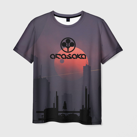 Мужская футболка 3D с принтом Cyberpunk 2077   (Arasaka) в Тюмени, 100% полиэфир | прямой крой, круглый вырез горловины, длина до линии бедер | arasaka | cyberpunk 2077 | cyberpunk 2077 (arasaka) | город | игра | луна | минимализм | рисунок