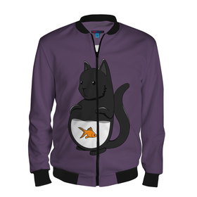 Мужской бомбер 3D с принтом Довольный кот в Екатеринбурге, 100% полиэстер | застегивается на молнию, по бокам два кармана без застежек, по низу бомбера и на воротнике - эластичная резинка | аквариум | арт | вода | золотая рыбка | кот | котёнок | кошка | рисунок | рыба | рыбка | фиолетовый | чёрная кошка | черный кот | чёрный котёнок