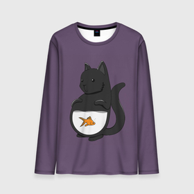 Мужской лонгслив 3D с принтом Довольный кот , 100% полиэстер | длинные рукава, круглый вырез горловины, полуприлегающий силуэт | аквариум | арт | вода | золотая рыбка | кот | котёнок | кошка | рисунок | рыба | рыбка | фиолетовый | чёрная кошка | черный кот | чёрный котёнок