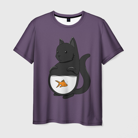 Мужская футболка 3D с принтом Довольный кот в Кировске, 100% полиэфир | прямой крой, круглый вырез горловины, длина до линии бедер | Тематика изображения на принте: аквариум | арт | вода | золотая рыбка | кот | котёнок | кошка | рисунок | рыба | рыбка | фиолетовый | чёрная кошка | черный кот | чёрный котёнок