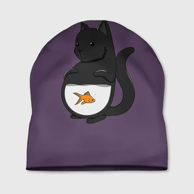 Шапка 3D с принтом Довольный кот в Тюмени, 100% полиэстер | универсальный размер, печать по всей поверхности изделия | аквариум | арт | вода | золотая рыбка | кот | котёнок | кошка | рисунок | рыба | рыбка | фиолетовый | чёрная кошка | черный кот | чёрный котёнок