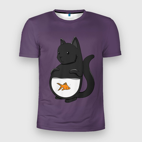 Мужская футболка 3D Slim с принтом Довольный кот , 100% полиэстер с улучшенными характеристиками | приталенный силуэт, круглая горловина, широкие плечи, сужается к линии бедра | аквариум | арт | вода | золотая рыбка | кот | котёнок | кошка | рисунок | рыба | рыбка | фиолетовый | чёрная кошка | черный кот | чёрный котёнок
