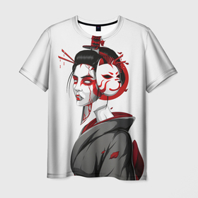 Мужская футболка 3D с принтом Гейша в Белгороде, 100% полиэфир | прямой крой, круглый вырез горловины, длина до линии бедер | Тематика изображения на принте: девушка | кинжал | кицунэ | рисунок | самурай