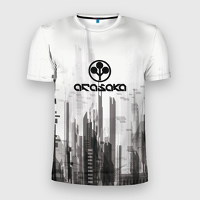 Мужская футболка 3D Slim с принтом Cyberpunk 2077 (Arasaka) в Тюмени, 100% полиэстер с улучшенными характеристиками | приталенный силуэт, круглая горловина, широкие плечи, сужается к линии бедра | Тематика изображения на принте: arasaka | cyberpunk 2077 | cyberpunk 2077 (arasaka) | город | игра | минимализм