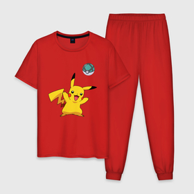 Мужская пижама хлопок с принтом Pokemon pikachu 1 в Белгороде, 100% хлопок | брюки и футболка прямого кроя, без карманов, на брюках мягкая резинка на поясе и по низу штанин
 | Тематика изображения на принте: pokeball | pokemon | игры | покемоны