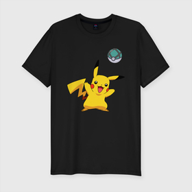 Мужская футболка хлопок Slim с принтом Pokemon pikachu 1 в Тюмени, 92% хлопок, 8% лайкра | приталенный силуэт, круглый вырез ворота, длина до линии бедра, короткий рукав | pokeball | pokemon | игры | покемоны