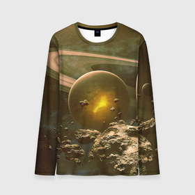 Мужской лонгслив 3D с принтом Saturn в Тюмени, 100% полиэстер | длинные рукава, круглый вырез горловины, полуприлегающий силуэт | cosmos | meteorite | saturn | space | космос | метеорит | пространство | сатурн