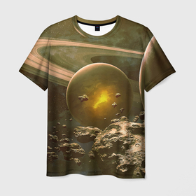 Мужская футболка 3D с принтом Saturn в Санкт-Петербурге, 100% полиэфир | прямой крой, круглый вырез горловины, длина до линии бедер | cosmos | meteorite | saturn | space | космос | метеорит | пространство | сатурн
