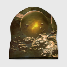 Шапка 3D с принтом Saturn в Курске, 100% полиэстер | универсальный размер, печать по всей поверхности изделия | cosmos | meteorite | saturn | space | космос | метеорит | пространство | сатурн