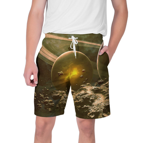 Мужские шорты 3D с принтом Saturn в Тюмени,  полиэстер 100% | прямой крой, два кармана без застежек по бокам. Мягкая трикотажная резинка на поясе, внутри которой широкие завязки. Длина чуть выше колен | cosmos | meteorite | saturn | space | космос | метеорит | пространство | сатурн