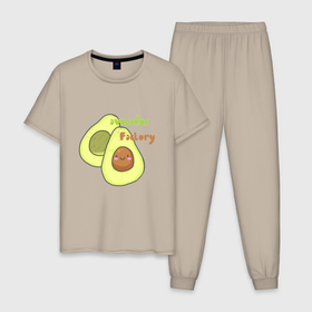 Мужская пижама хлопок с принтом avocados factory в Курске, 100% хлопок | брюки и футболка прямого кроя, без карманов, на брюках мягкая резинка на поясе и по низу штанин
 | Тематика изображения на принте: avocados factory | авокадик | авокадо | авокадо с косточкой | авокадчик | милые авокадо