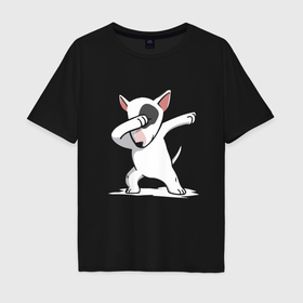 Мужская футболка хлопок Oversize с принтом Dab   bull terrier в Санкт-Петербурге, 100% хлопок | свободный крой, круглый ворот, “спинка” длиннее передней части | Тематика изображения на принте: bull terrier | dab | dog | pose | бультерьер | собака | хвост