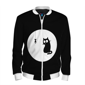 Мужской бомбер 3D с принтом Ночная охота в Петрозаводске, 100% полиэстер | застегивается на молнию, по бокам два кармана без застежек, по низу бомбера и на воротнике - эластичная резинка | Тематика изображения на принте: арт | кот | котёнок | кошка | луна | ночь | рисунок | рыба | рыбалка | черная кошка | черный кот | чёрный котёнок