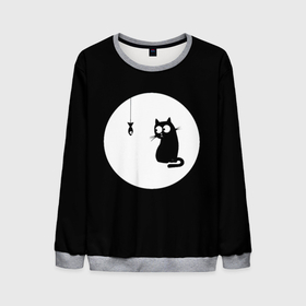 Мужской свитшот 3D с принтом Ночная охота в Екатеринбурге, 100% полиэстер с мягким внутренним слоем | круглый вырез горловины, мягкая резинка на манжетах и поясе, свободная посадка по фигуре | арт | кот | котёнок | кошка | луна | ночь | рисунок | рыба | рыбалка | черная кошка | черный кот | чёрный котёнок