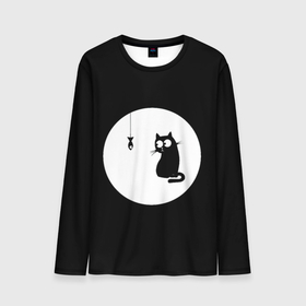 Мужской лонгслив 3D с принтом Ночная охота в Кировске, 100% полиэстер | длинные рукава, круглый вырез горловины, полуприлегающий силуэт | арт | кот | котёнок | кошка | луна | ночь | рисунок | рыба | рыбалка | черная кошка | черный кот | чёрный котёнок