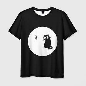 Мужская футболка 3D с принтом Ночная охота , 100% полиэфир | прямой крой, круглый вырез горловины, длина до линии бедер | арт | кот | котёнок | кошка | луна | ночь | рисунок | рыба | рыбалка | черная кошка | черный кот | чёрный котёнок