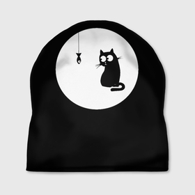 Шапка 3D с принтом Ночная охота в Курске, 100% полиэстер | универсальный размер, печать по всей поверхности изделия | Тематика изображения на принте: арт | кот | котёнок | кошка | луна | ночь | рисунок | рыба | рыбалка | черная кошка | черный кот | чёрный котёнок