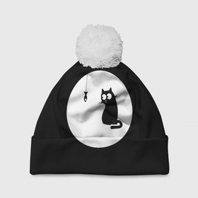 Шапка 3D c помпоном с принтом Ночная охота в Новосибирске, 100% полиэстер | универсальный размер, печать по всей поверхности изделия | арт | кот | котёнок | кошка | луна | ночь | рисунок | рыба | рыбалка | черная кошка | черный кот | чёрный котёнок