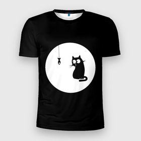 Мужская футболка 3D Slim с принтом Ночная охота в Курске, 100% полиэстер с улучшенными характеристиками | приталенный силуэт, круглая горловина, широкие плечи, сужается к линии бедра | арт | кот | котёнок | кошка | луна | ночь | рисунок | рыба | рыбалка | черная кошка | черный кот | чёрный котёнок