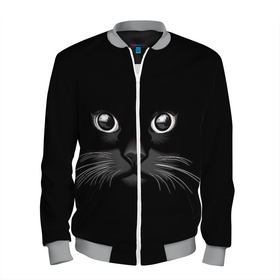 Мужской бомбер 3D с принтом Кошачья моська в Белгороде, 100% полиэстер | застегивается на молнию, по бокам два кармана без застежек, по низу бомбера и на воротнике - эластичная резинка | Тематика изображения на принте: арт | вектор | кот | котёнок | кошка | рисунок | черная кошка | чёрный | черный кот | черный котенок