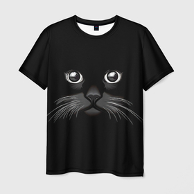 Мужская футболка 3D с принтом Кошачья моська в Екатеринбурге, 100% полиэфир | прямой крой, круглый вырез горловины, длина до линии бедер | Тематика изображения на принте: арт | вектор | кот | котёнок | кошка | рисунок | черная кошка | чёрный | черный кот | черный котенок