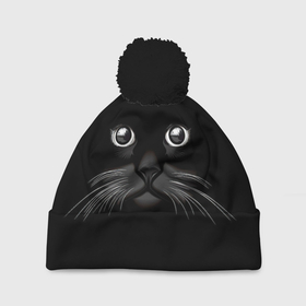Шапка 3D c помпоном с принтом Кошачья моська в Екатеринбурге, 100% полиэстер | универсальный размер, печать по всей поверхности изделия | Тематика изображения на принте: арт | вектор | кот | котёнок | кошка | рисунок | черная кошка | чёрный | черный кот | черный котенок