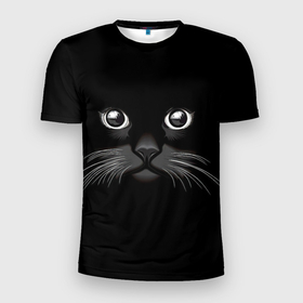 Мужская футболка 3D Slim с принтом Кошачья моська в Санкт-Петербурге, 100% полиэстер с улучшенными характеристиками | приталенный силуэт, круглая горловина, широкие плечи, сужается к линии бедра | арт | вектор | кот | котёнок | кошка | рисунок | черная кошка | чёрный | черный кот | черный котенок