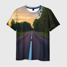 Мужская футболка 3D с принтом дорога в Белгороде, 100% полиэфир | прямой крой, круглый вырез горловины, длина до линии бедер | асфальт | дорога | линия | природа | путь | разметка дорожная | трасса