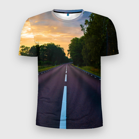Мужская футболка 3D Slim с принтом дорога в Тюмени, 100% полиэстер с улучшенными характеристиками | приталенный силуэт, круглая горловина, широкие плечи, сужается к линии бедра | асфальт | дорога | линия | природа | путь | разметка дорожная | трасса