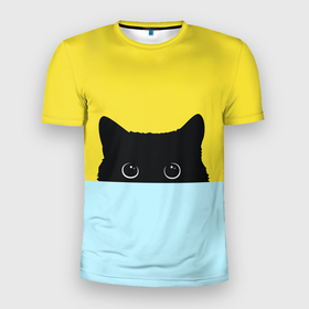 Мужская футболка 3D Slim с принтом Кот в засаде в Кировске, 100% полиэстер с улучшенными характеристиками | приталенный силуэт, круглая горловина, широкие плечи, сужается к линии бедра | в засаде | выжидает | кот на охоте | кошка на охоте | охота | чёрная кошка | чёрный кот