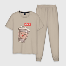 Мужская пижама хлопок с принтом 8 бит Латте в Санкт-Петербурге, 100% хлопок | брюки и футболка прямого кроя, без карманов, на брюках мягкая резинка на поясе и по низу штанин
 | 8 bit | 8bit | 8бит | art | coffee | cup | cute | kawaii | mug | pixel | pixelart | problem | арт | восьмибитная | восьмибитные | кавайный | капучино | кофе | кофеек | милота | милый | пиксели | пиксель | пиксельная | проблема | стакан