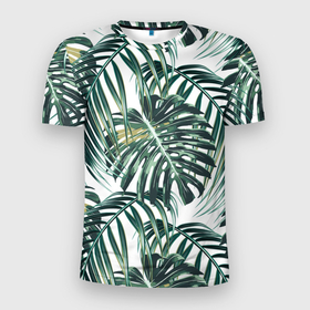 Мужская футболка 3D Slim с принтом Тропики (Зелень) в Курске, 100% полиэстер с улучшенными характеристиками | приталенный силуэт, круглая горловина, широкие плечи, сужается к линии бедра | папоротник | растение | рисунок | тропики